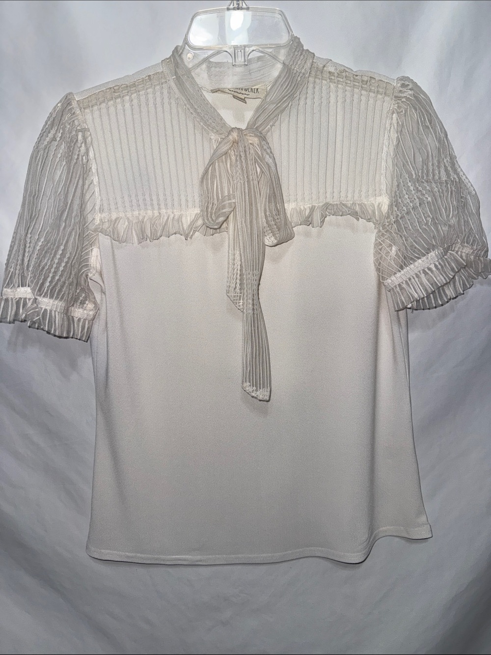 Juniors Cream Tie-Neck Blouse with Pleated Yoke